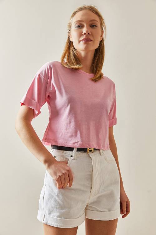 Pembe Bisiklet Yaka Oversize Kolları Katlı Crop Tişört 4KXK1-47900-20 - 6