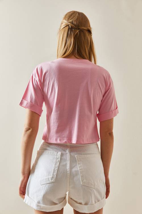 Pembe Bisiklet Yaka Oversize Kolları Katlı Crop Tişört 4KXK1-47900-20 - 7