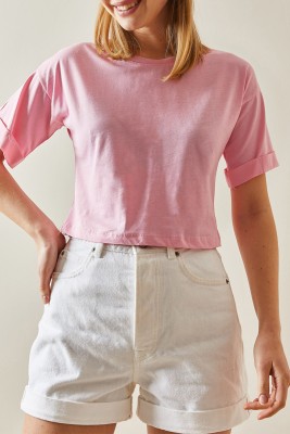 Pembe Bisiklet Yaka Oversize Kolları Katlı Crop Tişört 4KXK1-47900-20 - 1