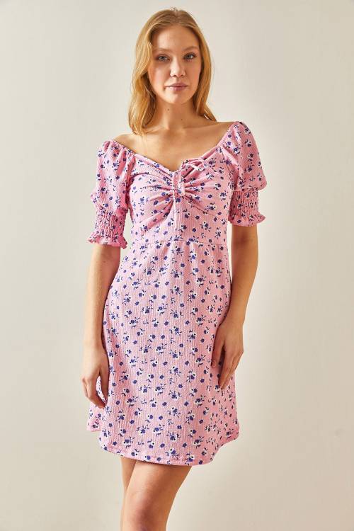 Pembe Çiçek Desenli Kolları Gipeli Elbise 4KXK6-47941-20 - 2