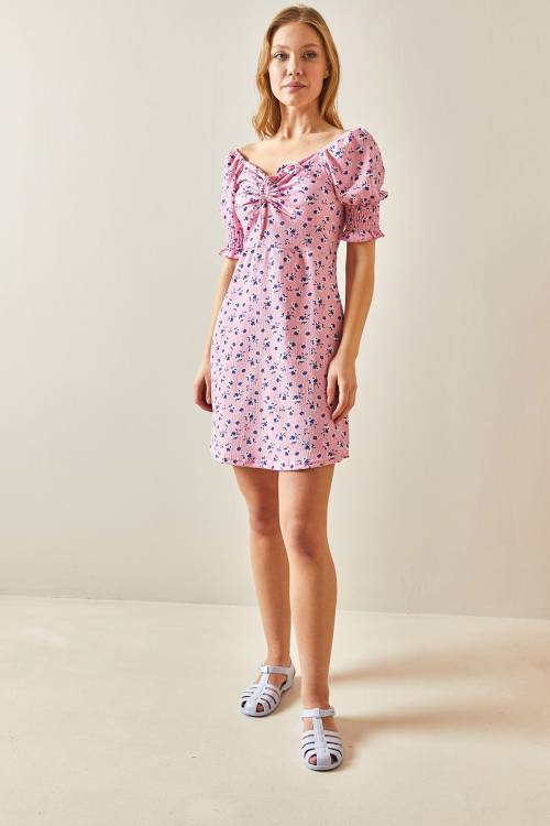 Pembe Çiçek Desenli Kolları Gipeli Elbise 4KXK6-47941-20 - 3