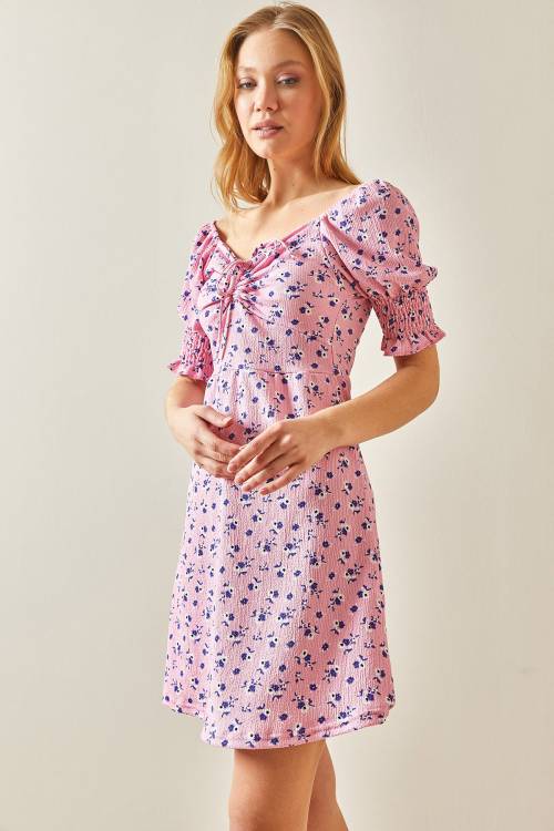 Pembe Çiçek Desenli Kolları Gipeli Elbise 4KXK6-47941-20 - 4