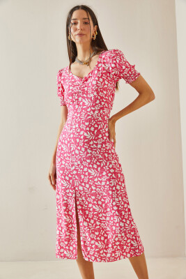 Pembe Çiçek Desenli Yırtmaçlı Midi Elbise 5YXK6-48598-20 - 5