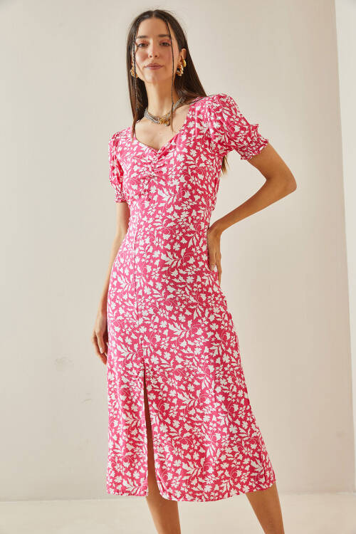 Pembe Çiçek Desenli Yırtmaçlı Midi Elbise 5YXK6-48598-20 - 5