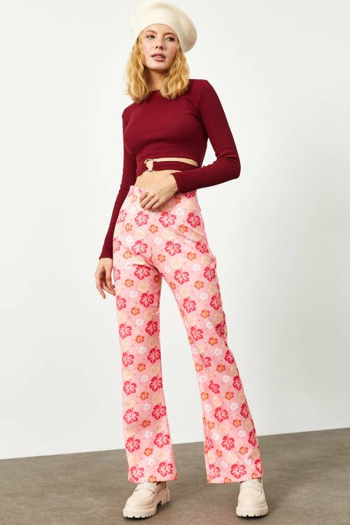 Pembe Çiçek Desenli Yüksek Bel İspanyol Paça Pantolon 2KXK5-45734-20 - 4