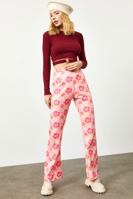 Pembe Çiçek Desenli Yüksek Bel İspanyol Paça Pantolon 2KXK5-45734-20 - 5