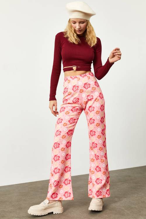 Pembe Çiçek Desenli Yüksek Bel İspanyol Paça Pantolon 2KXK5-45734-20 - 6