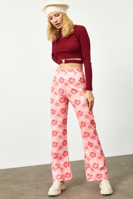 Pembe Çiçek Desenli Yüksek Bel İspanyol Paça Pantolon 2KXK5-45734-20 - 7