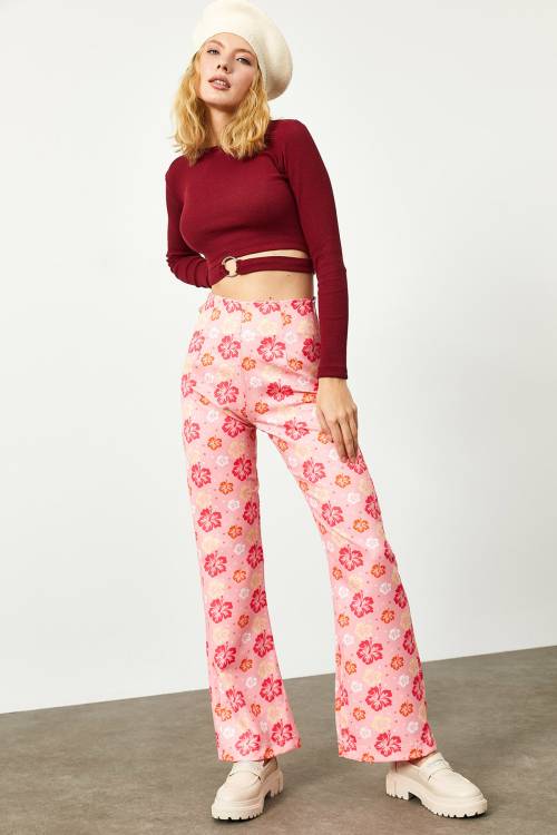 Pembe Çiçek Desenli Yüksek Bel İspanyol Paça Pantolon 2KXK5-45734-20 - 8