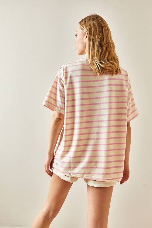 Pembe Çizgili & Bisiklet Yaka Oversize Tişört 4KXK1-47928-20 - 5