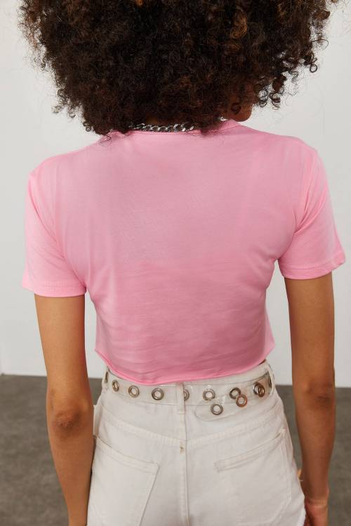 Pembe Cow Girl Baskılı Crop Tişört 2KXK1-45698-20 - 6