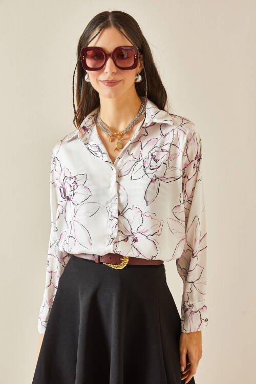 Pembe Desenli Saten Gömlek 5YXK2-48364-20 - 3