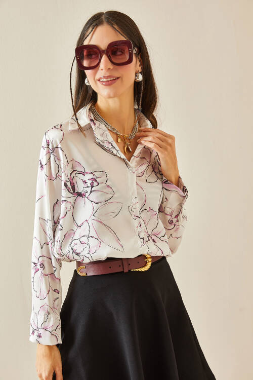 Pembe Desenli Saten Gömlek 5YXK2-48364-20 - 4