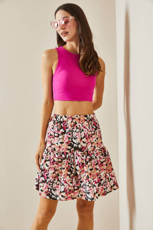 Pembe Desenli & Volanlı Örme Mini Etek 5YXK7-48528-20 - 4