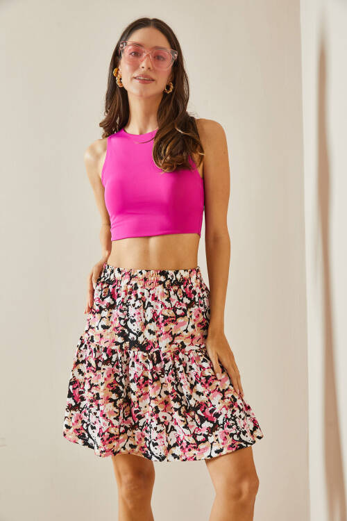 Pembe Desenli & Volanlı Örme Mini Etek 5YXK7-48528-20 - 5
