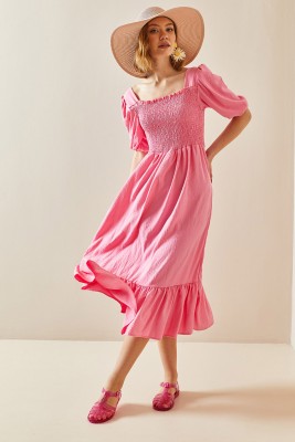 Pembe Kare Yaka Gipe Detaylı Elbise 3YXK6-47313-20 