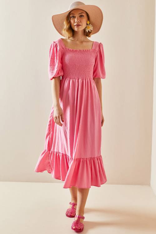 Pembe Kare Yaka Gipe Detaylı Elbise 3YXK6-47313-20 - 2
