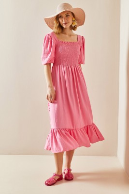 Pembe Kare Yaka Gipe Detaylı Elbise 3YXK6-47313-20 - 3