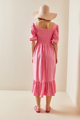 Pembe Kare Yaka Gipe Detaylı Elbise 3YXK6-47313-20 - 4
