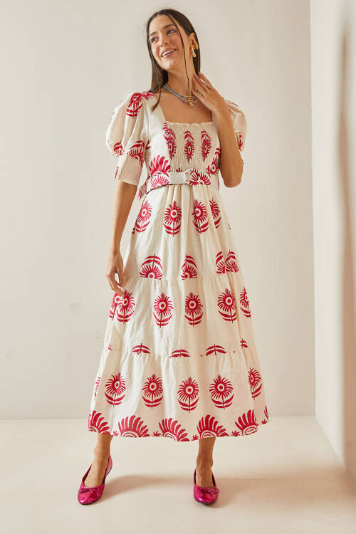 Pembe Kare Yaka Gipeli Midi Elbise 5YXK6-48629-20 - 2