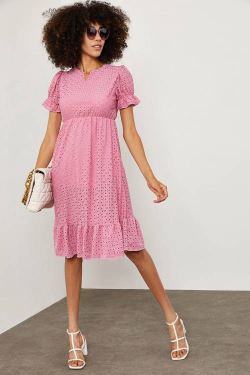 Pembe Karpuz Kol V Yaka Elbise 1YXK6-45143-20 - 2