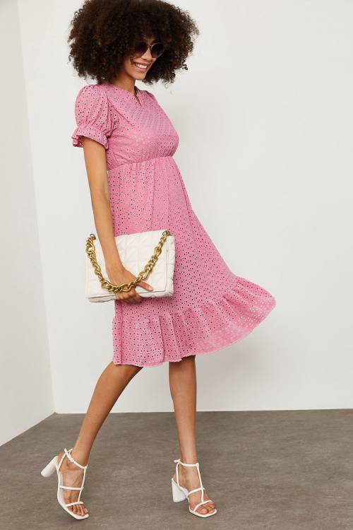 Pembe Karpuz Kol V Yaka Elbise 1YXK6-45143-20 - 3
