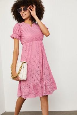 Pembe Karpuz Kol V Yaka Elbise 1YXK6-45143-20 - 4