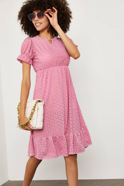 Pembe Karpuz Kol V Yaka Elbise 1YXK6-45143-20 - 4