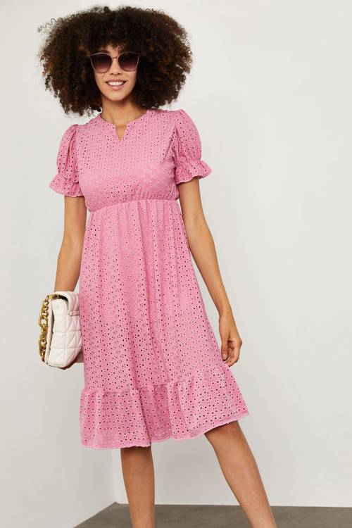 Pembe Karpuz Kol V Yaka Elbise 1YXK6-45143-20 - 5