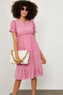 Pembe Karpuz Kol V Yaka Elbise 1YXK6-45143-20 - 6
