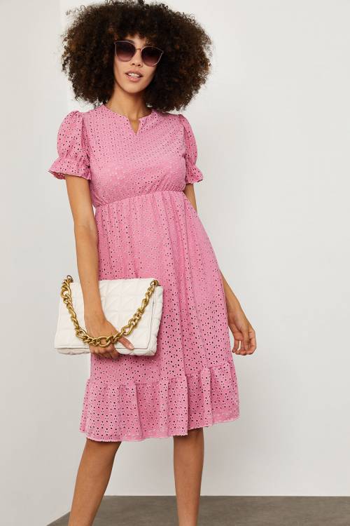 Pembe Karpuz Kol V Yaka Elbise 1YXK6-45143-20 - 6