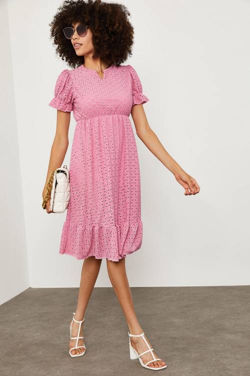 Pembe Karpuz Kol V Yaka Elbise 1YXK6-45143-20 - 7