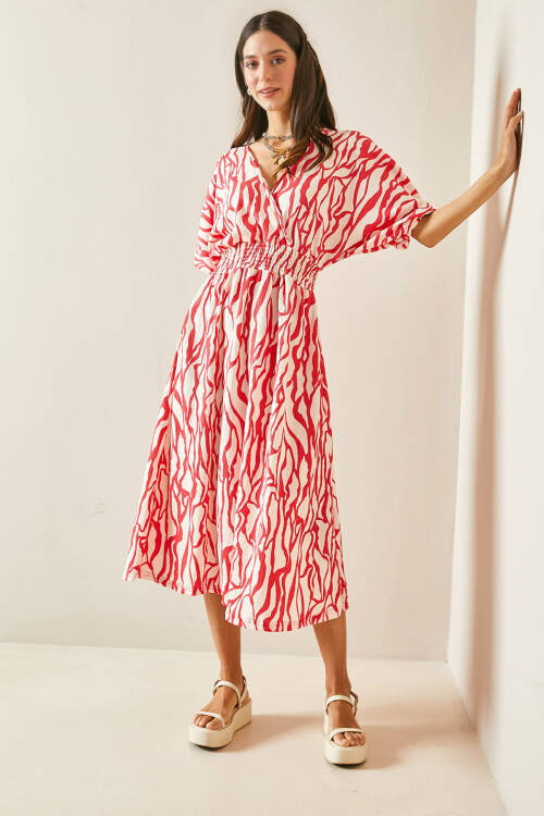 Pembe Kruvaze Yaka Zebra Desenli Dokulu Midi Elbise 5YXK6-48454-20 - 2
