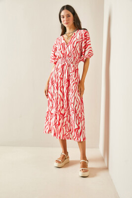 Pembe Kruvaze Yaka Zebra Desenli Dokulu Midi Elbise 5YXK6-48454-20 - 3