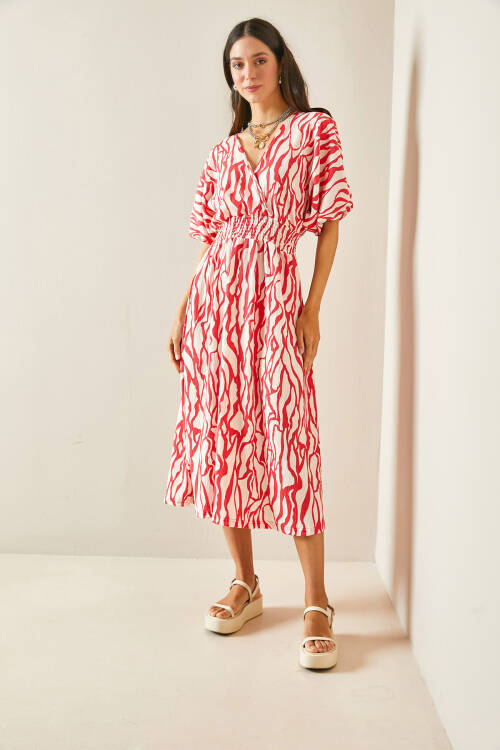 Pembe Kruvaze Yaka Zebra Desenli Dokulu Midi Elbise 5YXK6-48454-20 - 3