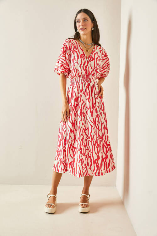 Pembe Kruvaze Yaka Zebra Desenli Dokulu Midi Elbise 5YXK6-48454-20 - 4