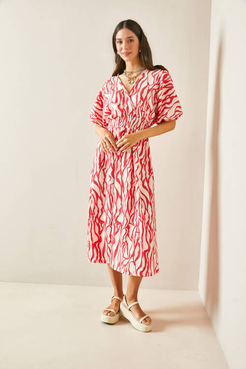 Pembe Kruvaze Yaka Zebra Desenli Dokulu Midi Elbise 5YXK6-48454-20 - 5