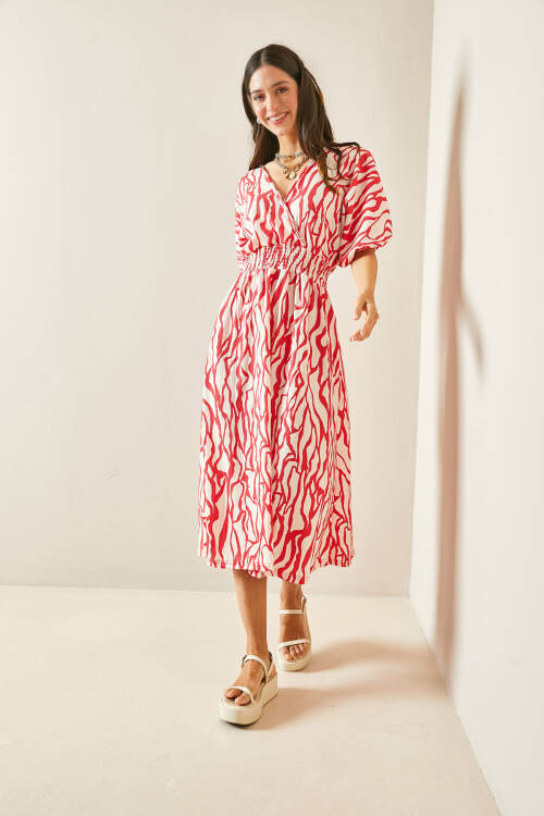 Pembe Kruvaze Yaka Zebra Desenli Dokulu Midi Elbise 5YXK6-48454-20 - 6