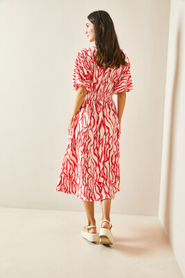 Pembe Kruvaze Yaka Zebra Desenli Dokulu Midi Elbise 5YXK6-48454-20 - 7