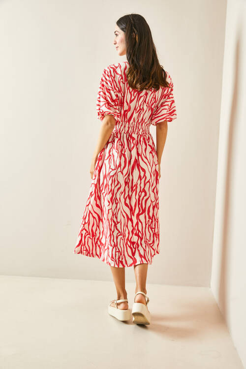 Pembe Kruvaze Yaka Zebra Desenli Dokulu Midi Elbise 5YXK6-48454-20 - 7
