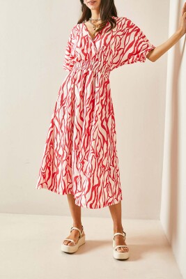 Pembe Kruvaze Yaka Zebra Desenli Dokulu Midi Elbise 5YXK6-48454-20 