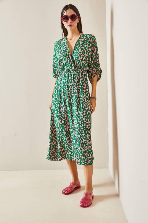Pembe Leopar Desenli Kruvaze Yaka Elbise 5YXK6-48408-20 - 3