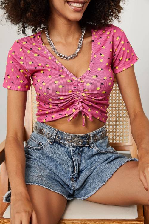 Pembe Limon Desenli Büzgü Detaylı Crop 2KXK2-45700-20 - 2