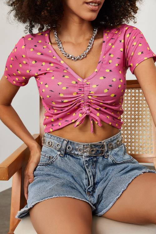 Pembe Limon Desenli Büzgü Detaylı Crop 2KXK2-45700-20 - 3
