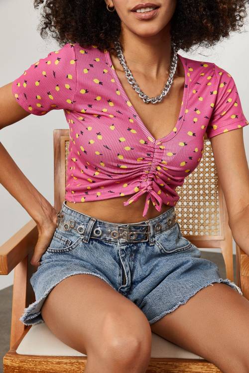 Pembe Limon Desenli Büzgü Detaylı Crop 2KXK2-45700-20 - 4