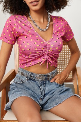 Pembe Limon Desenli Büzgü Detaylı Crop 2KXK2-45700-20 - 5