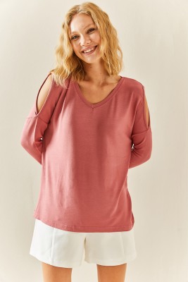 Pembe Omuz Dekolteli Salaş Bluz 3YXK2-47539-20 - 5