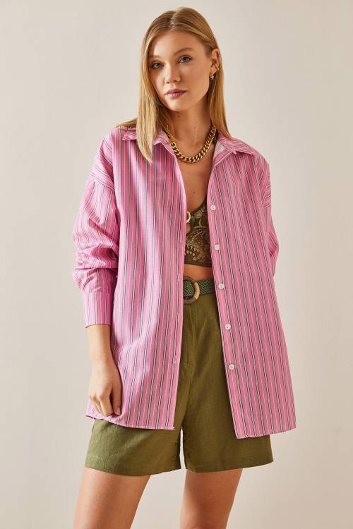 Pembe Oversize Çizgili Gömlek 4KXK2-47766-20 - 2