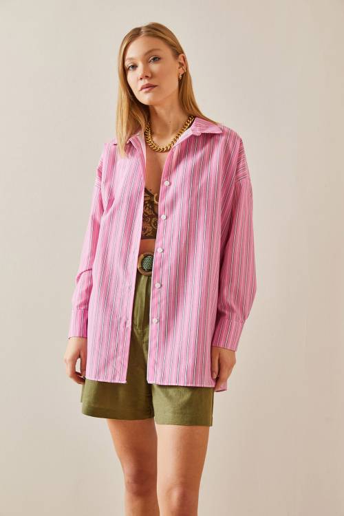Pembe Oversize Çizgili Gömlek 4KXK2-47766-20 - 3