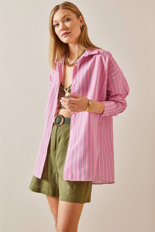 Pembe Oversize Çizgili Gömlek 4KXK2-47766-20 - 4